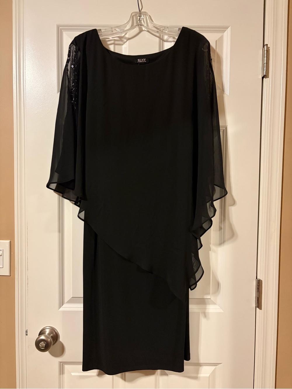 SLNY Black Overlay Evening Dress